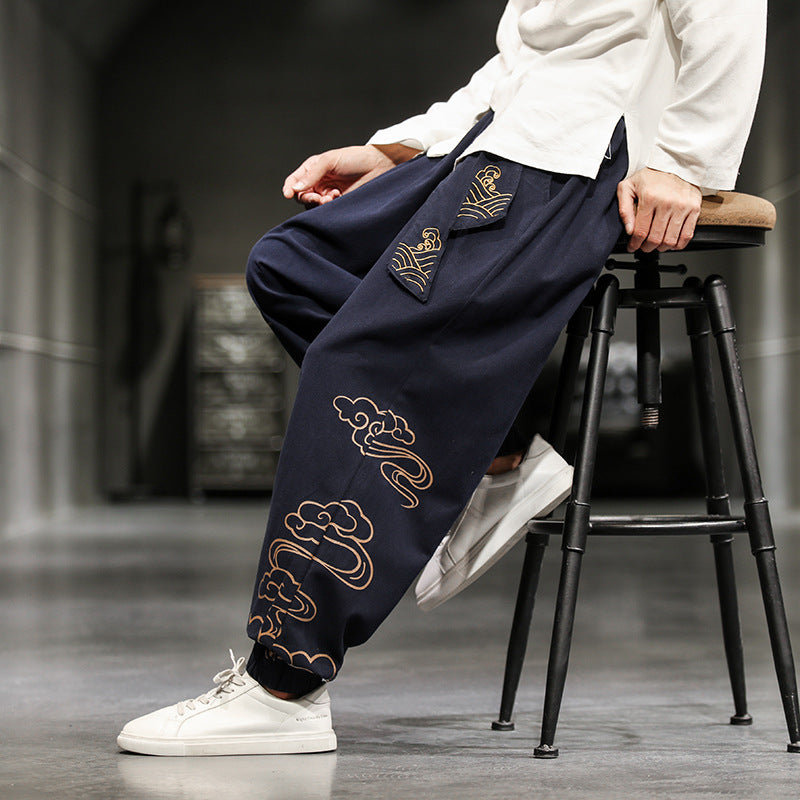 Pantalon de Style chinois pour hommes, pantalon imprimé petits pieds, ample, jambes larges, Bloomer