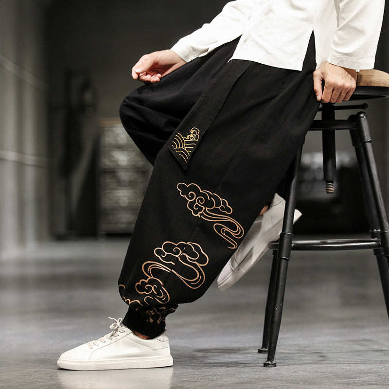 Pantalon de Style chinois pour hommes, pantalon imprimé petits pieds, ample, jambes larges, Bloomer