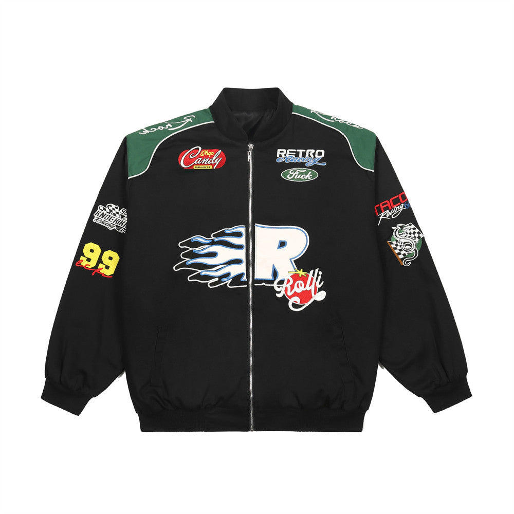 Veste de motard flamme avec lettres brodées en patchwork pour hommes