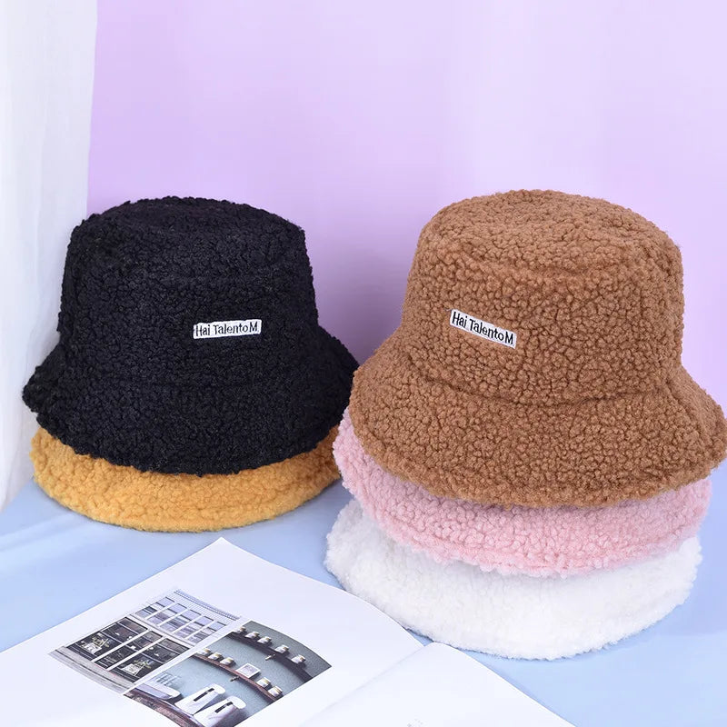 Winter Baby Girl Boy Bucket Hat Cute Lamb Wool Letter Kids Fisherman Hat Solid Flat Top Hats Outdoor Thick Warm Sun Cap