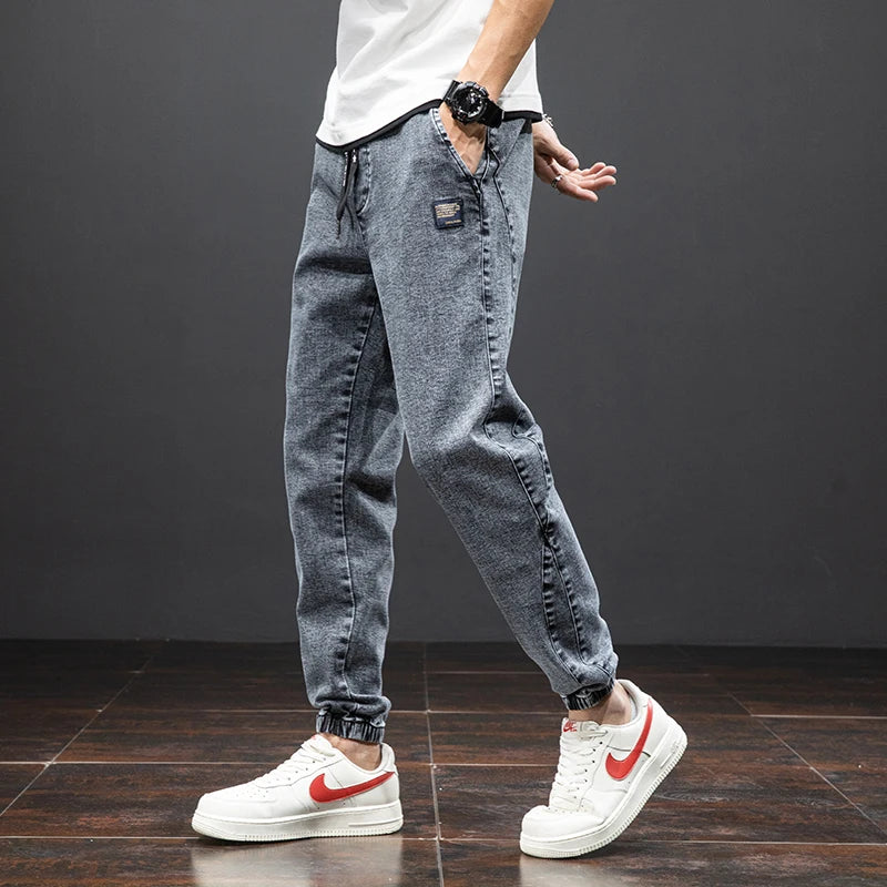 Streetwear Cargo Jeans for Men – Baggy Denim Jogger Pants, Black & Blue Harem Trousers, Plus Size Casual Spring/Summer