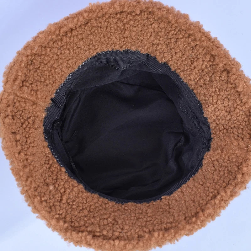 Winter Baby Girl Boy Bucket Hat Cute Lamb Wool Letter Kids Fisherman Hat Solid Flat Top Hats Outdoor Thick Warm Sun Cap