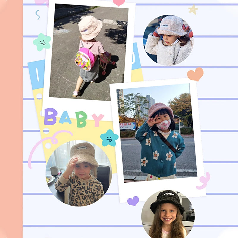 Winter Baby Girl Boy Bucket Hat Cute Lamb Wool Letter Kids Fisherman Hat Solid Flat Top Hats Outdoor Thick Warm Sun Cap