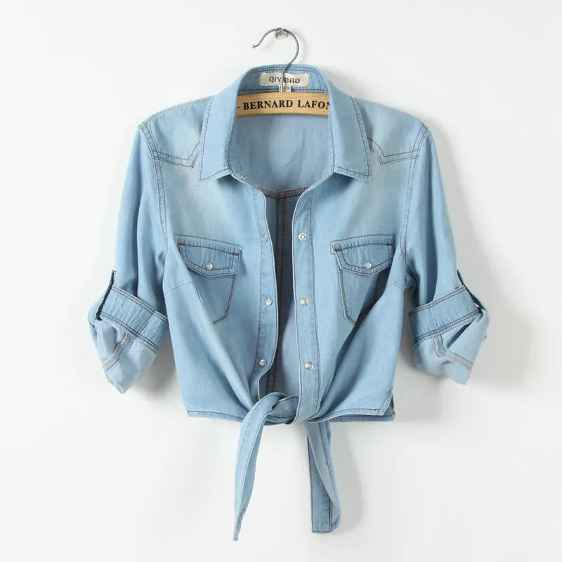 Offre spéciale filles haut de taille slim nouveau été femmes décontracté manches courtes chemise femme Denim chemises femmes mode Blouse courte XZ120
