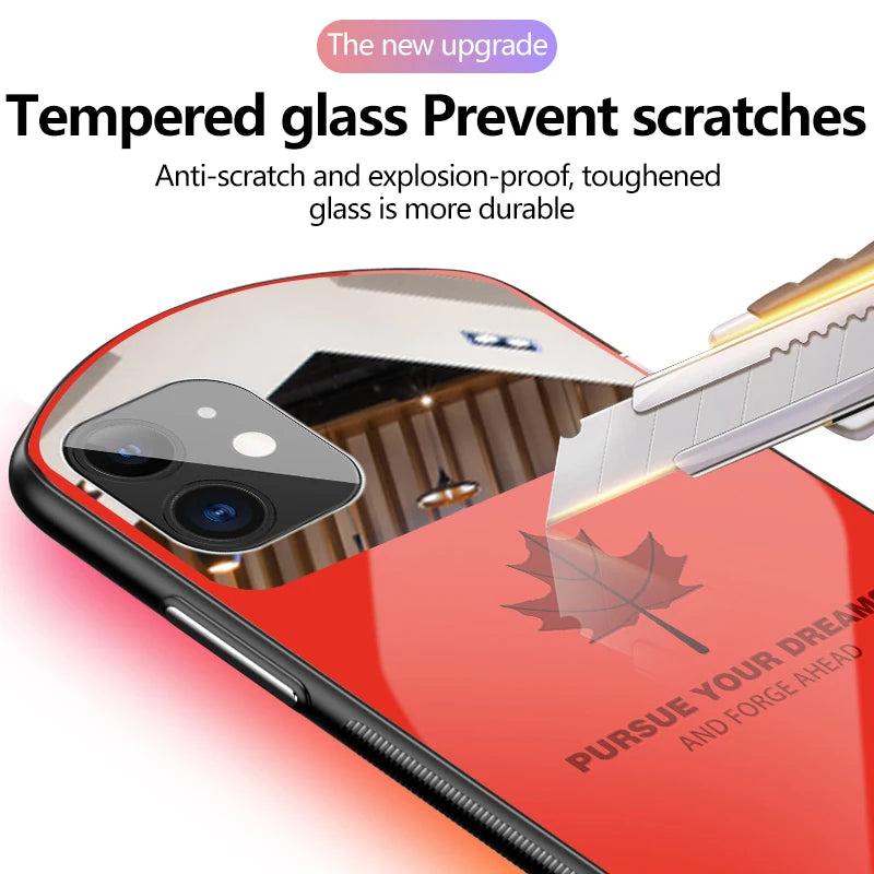 Luxury Cute Oval Maple Leaf Tempered Glass Phone Case For iPhone 16 15 14 13 12 11 Pro Max XS XR 8 7 Plus Mirror Silicone Cover