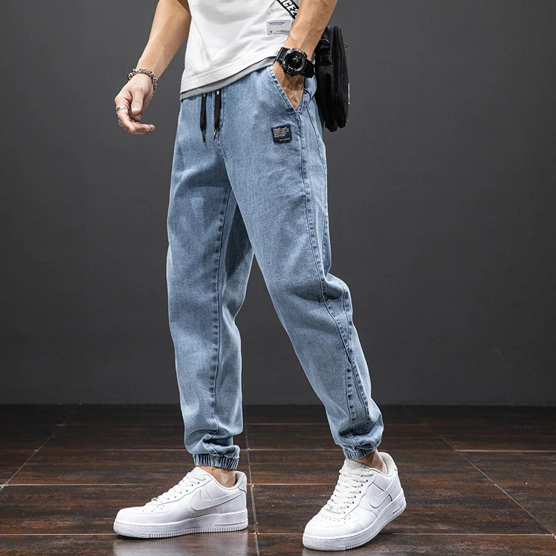 Streetwear Cargo Jeans for Men – Baggy Denim Jogger Pants, Black & Blue Harem Trousers, Plus Size Casual Spring/Summer