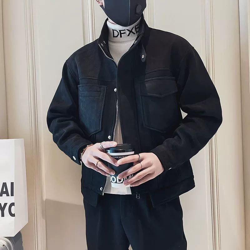 New Suede Multi-pocket Tooling Jacket Men's Trendy Brand Casual Stand-up Collar Motorcycle Jacket Men