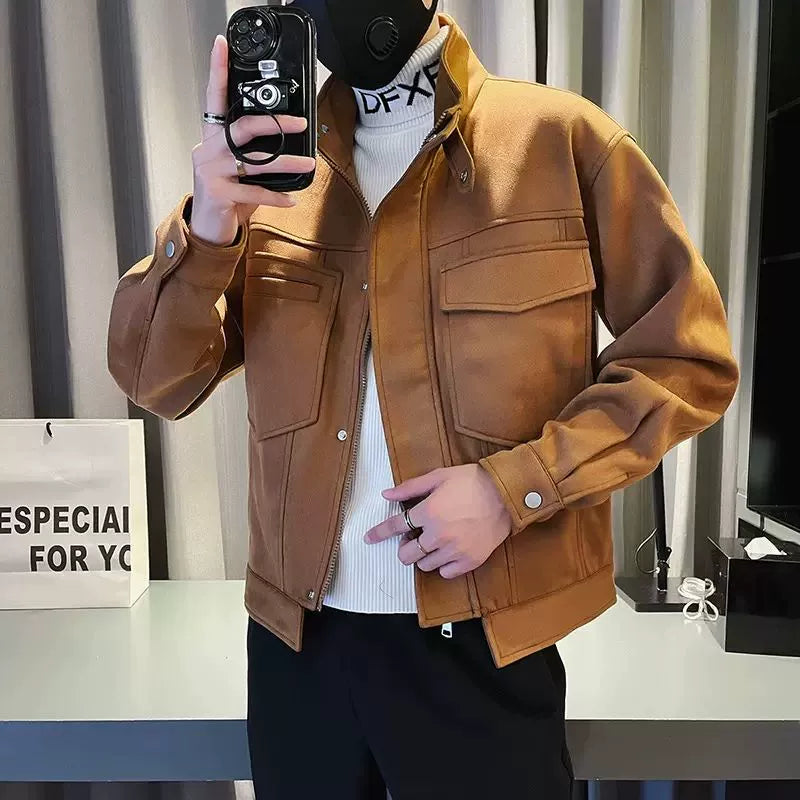 New Suede Multi-pocket Tooling Jacket Men's Trendy Brand Casual Stand-up Collar Motorcycle Jacket Men