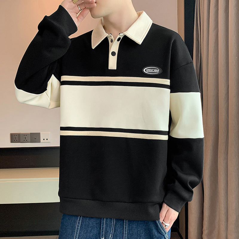 Haut pour hommes nouveau pull pour hommes polyvalent étudiant T-shirt à manches longues revers Polo pull