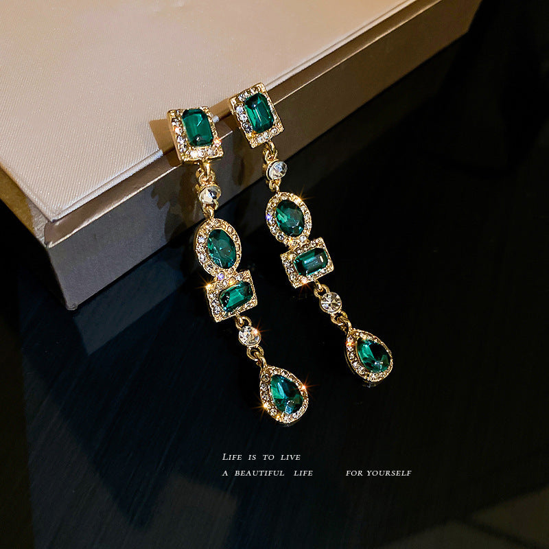 Boucles d'oreilles géométriques en argent 925, diamant vert, rétro français, légères, de luxe, Style Court, longues et élégantes pour femmes
