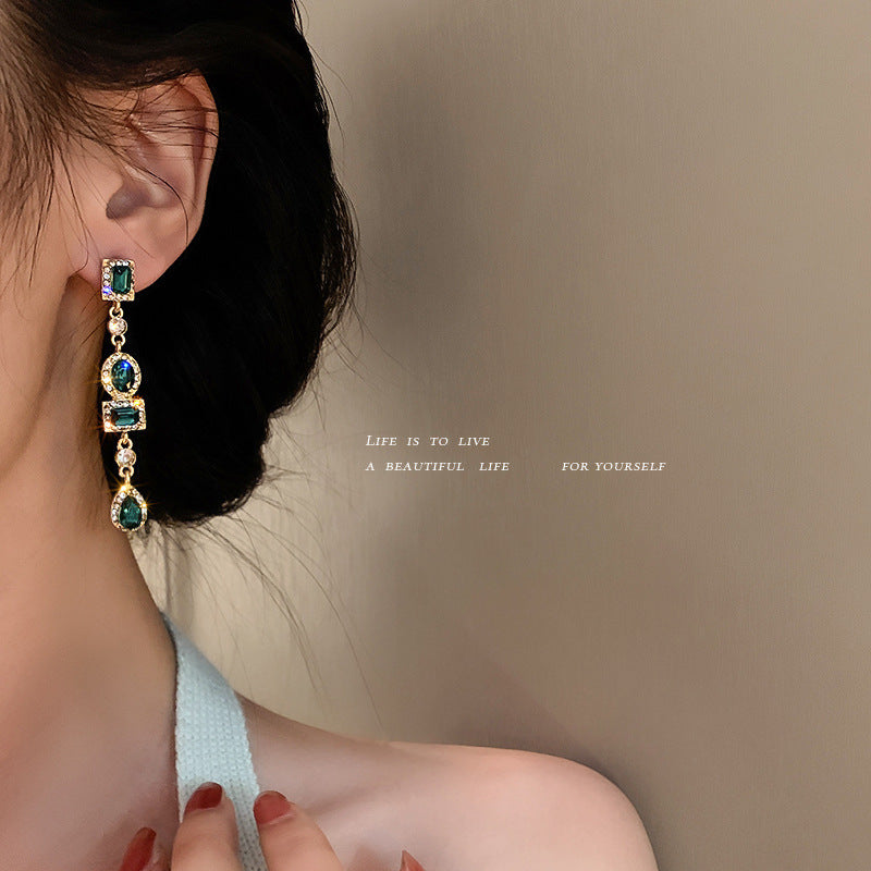 Boucles d'oreilles géométriques en argent 925, diamant vert, rétro français, légères, de luxe, Style Court, longues et élégantes pour femmes