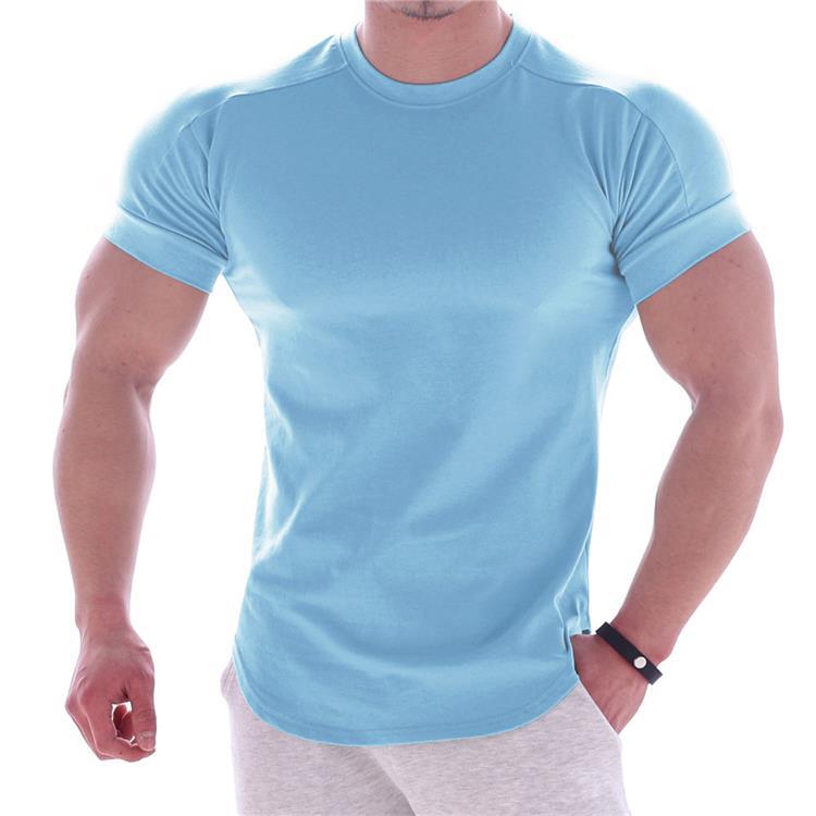 Muscle Boy Cotton Elastic Short-sleeved Men's Summer Solid Color Sports T-shirt Fitness Sweat-absorbing Round Neck T-shirt