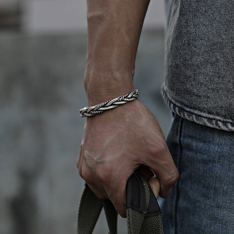 Bracelet torsadé tressé rétro européen et américain, en cuivre plaqué argent, Bracelet géométrique pour hommes, vente en gros
