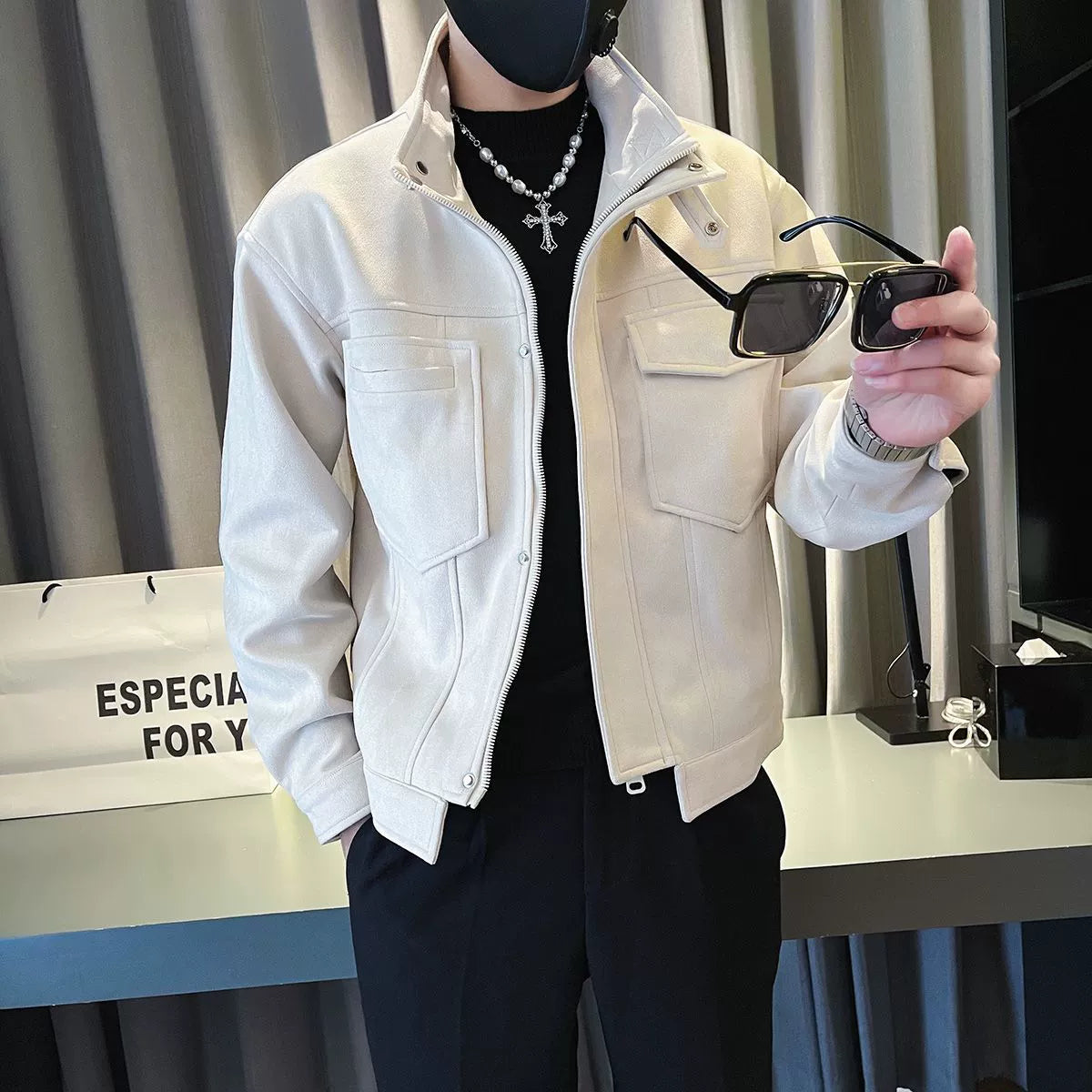 New Suede Multi-pocket Tooling Jacket Men's Trendy Brand Casual Stand-up Collar Motorcycle Jacket Men