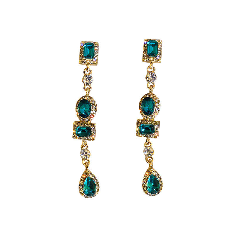 Boucles d'oreilles géométriques en argent 925, diamant vert, rétro français, légères, de luxe, Style Court, longues et élégantes pour femmes