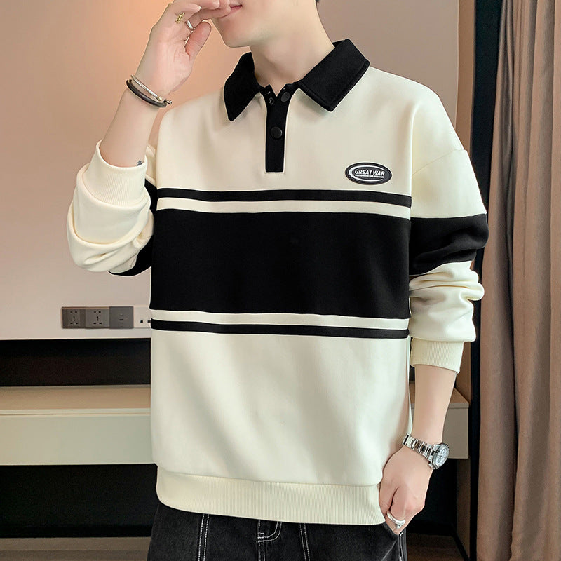 Haut pour hommes nouveau pull pour hommes polyvalent étudiant T-shirt à manches longues revers Polo pull