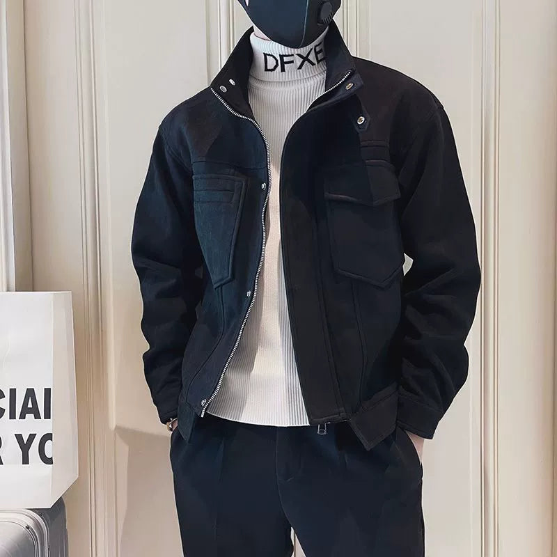 New Suede Multi-pocket Tooling Jacket Men's Trendy Brand Casual Stand-up Collar Motorcycle Jacket Men