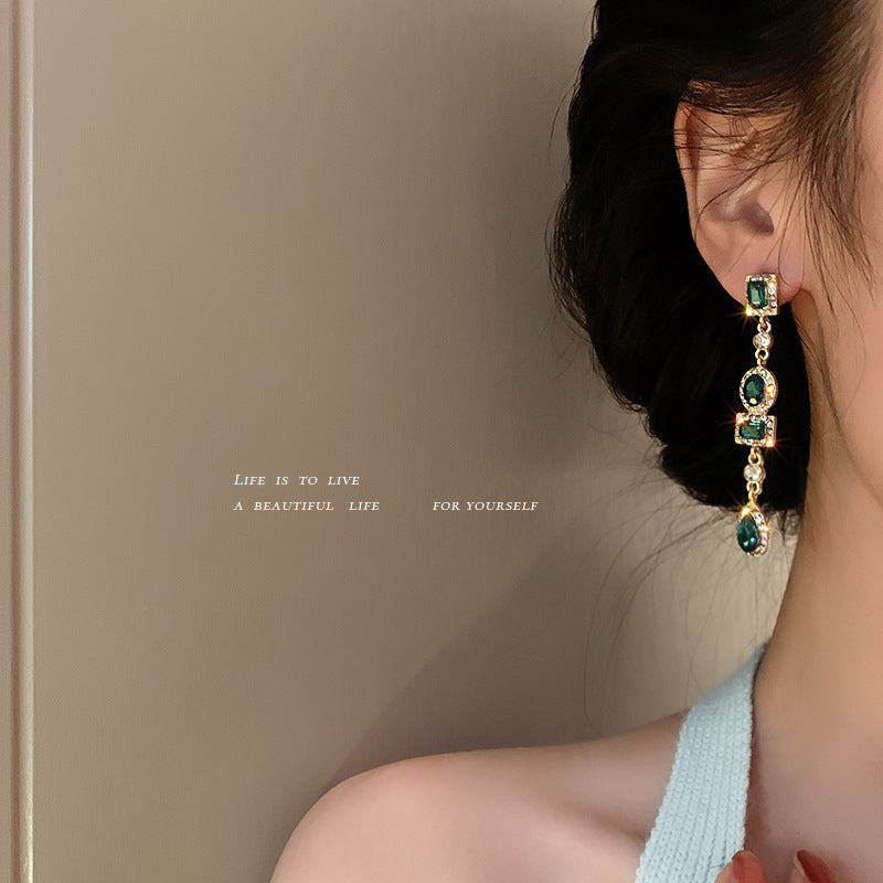 Boucles d'oreilles géométriques en argent 925, diamant vert, rétro français, légères, de luxe, Style Court, longues et élégantes pour femmes