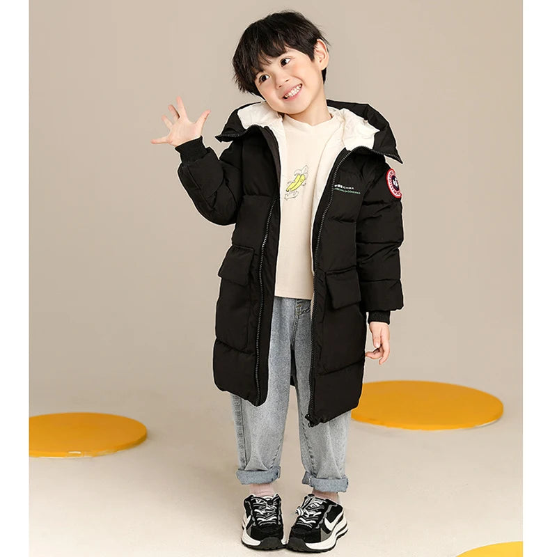 2-12 Years Autumn Winter Boys Jacket Solid Color Long Style Keep Warm Hooded Coat For Kids Children Birthday Present