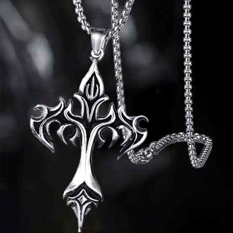 Men's Fashion Punk Flame Cross Pendant Chain Necklace for Women Male Long Chain Hip Hop Rock Gothic Jewelry Gift