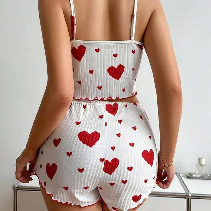 Summer New Women's Pajama Set Breathable Soft Casual Love Printed Design Sweet Home Strap Shorts Pajamas