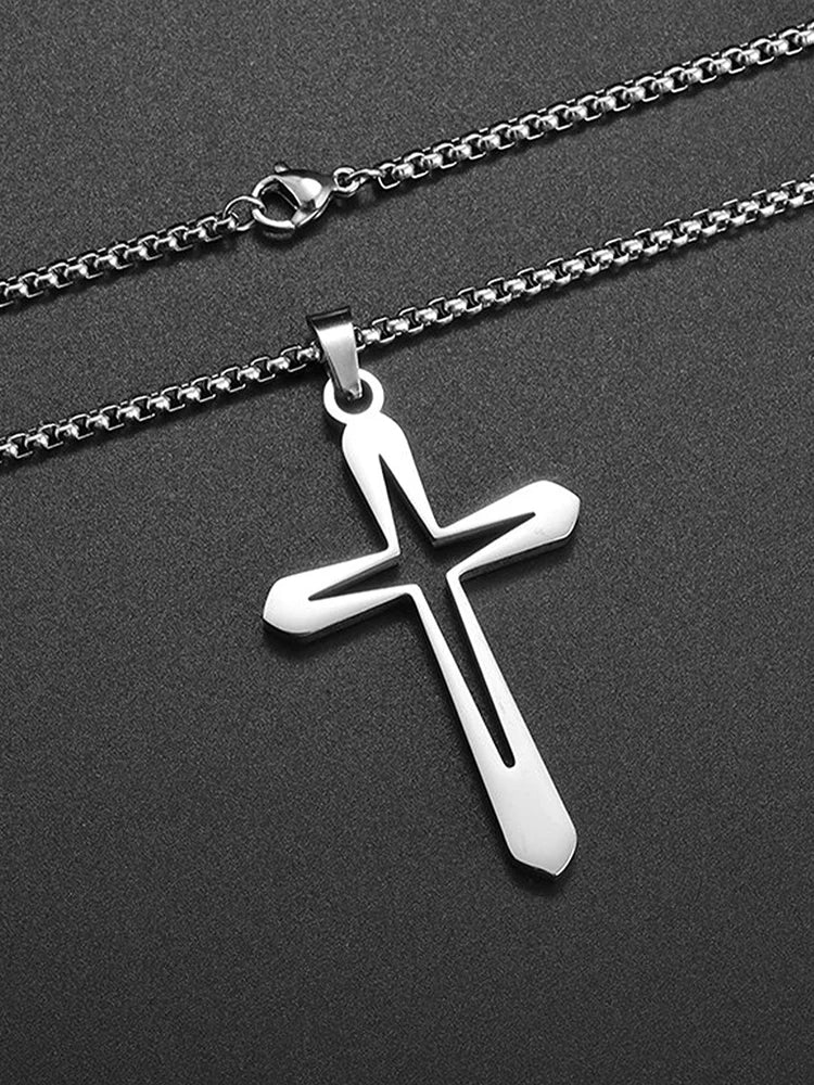 Fashion Design Simple Hollow Cross Pendant Men\'s Hip Hop Stainless Steel Necklace Jewelry
