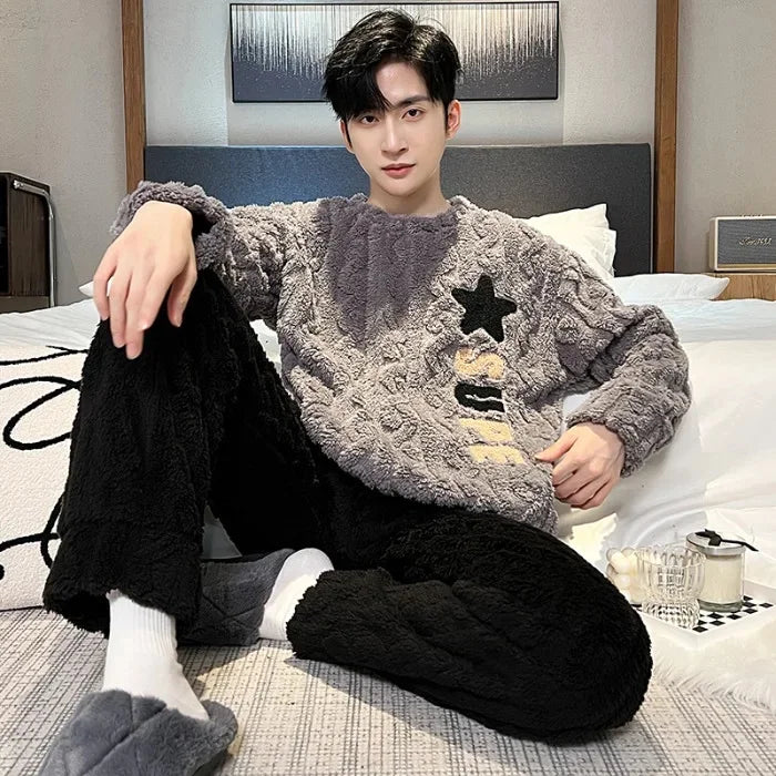 Men's New Fall/Winter Coral Fleece Thickened Round Neck Pullover Man's Flannel Homewear Suit