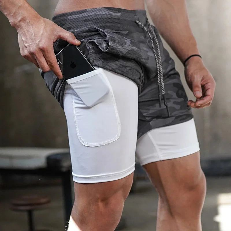 2-in-1 Men’s Gym Shorts – Camo Running, Quick Dry Training & Jogging Pants, Summer Sportswear
