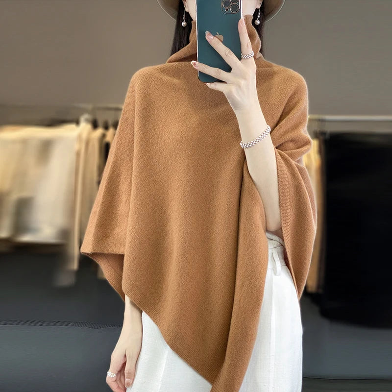 Spring Autumn High Quality Shawl Women's Medium to Long Korean Sleeveless Casual Wool KnitHigh Neck Pullover CapeJacket