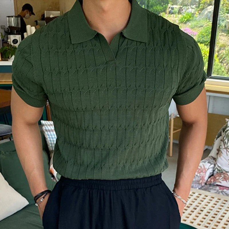 2023 Men's Knitted Jacquard Polo Shirt Casual Stripe V-Neck Solid Color Short Sleeve T-Shirt Breathable Light Luxury Clothing