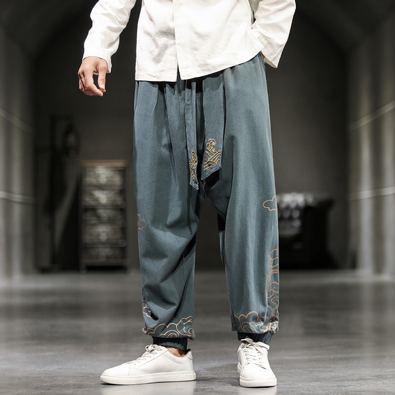Pantalon de Style chinois pour hommes, pantalon imprimé petits pieds, ample, jambes larges, Bloomer