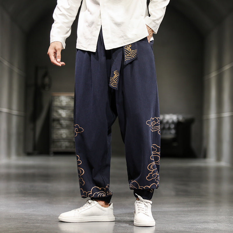 Pantalon de Style chinois pour hommes, pantalon imprimé petits pieds, ample, jambes larges, Bloomer