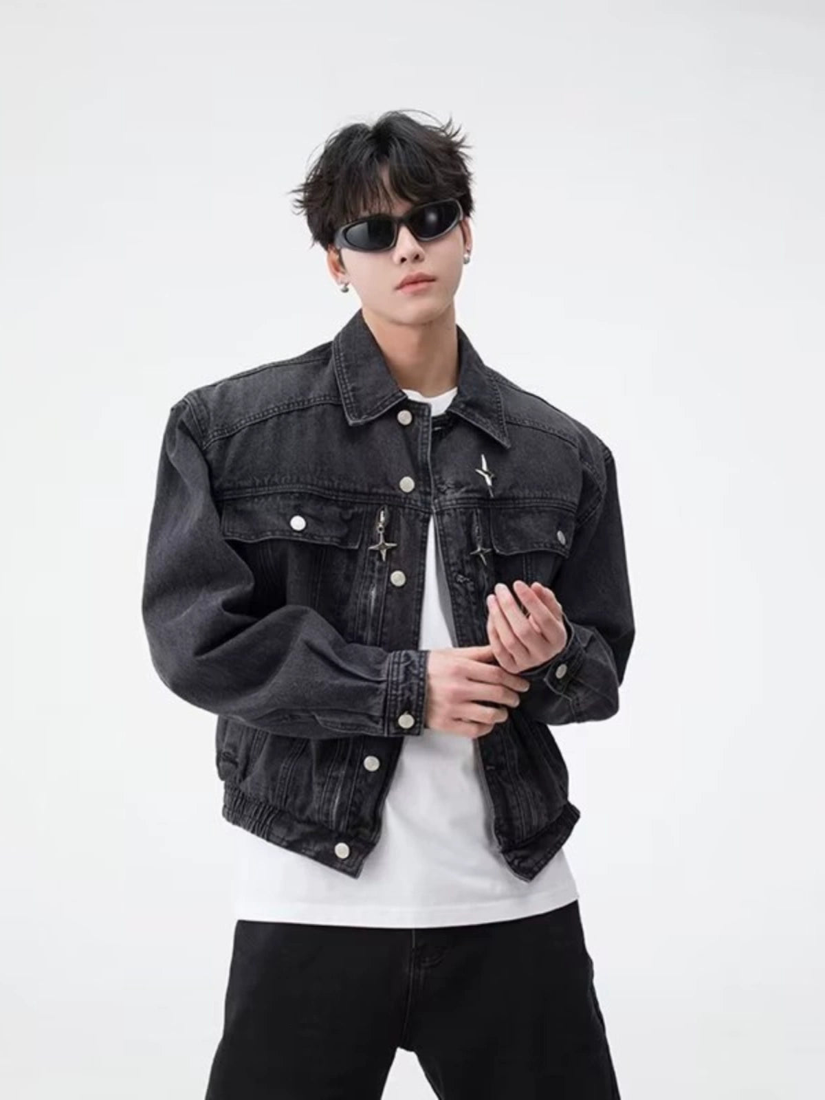Veste en Denim avec épaulettes en métal pour hommes, ample, délavée, en détresse, rétro américain, courte, marque tendance, printemps et automne