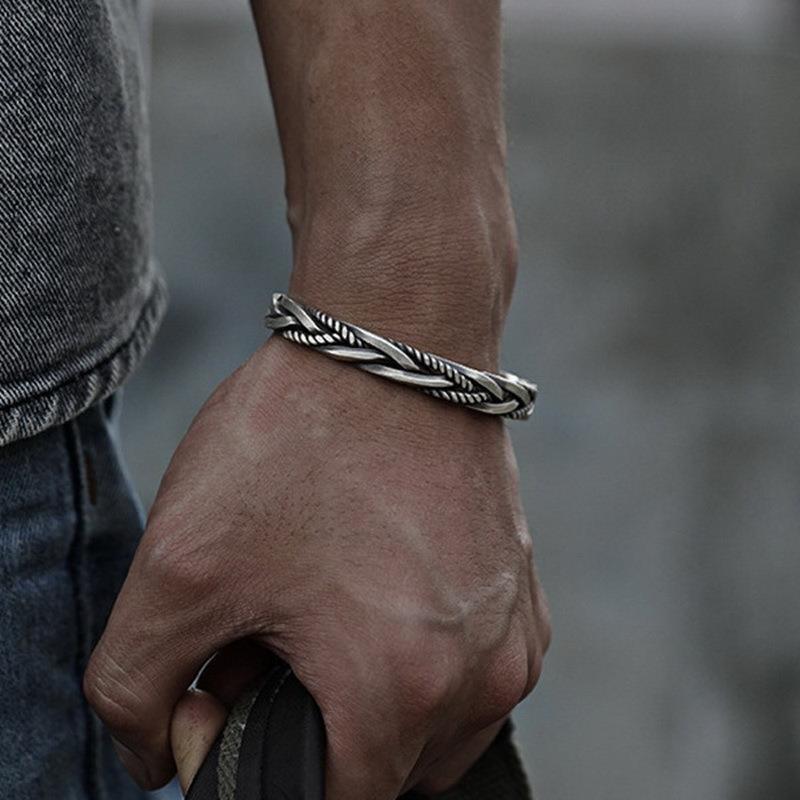 Bracelet torsadé tressé rétro européen et américain, en cuivre plaqué argent, Bracelet géométrique pour hommes, vente en gros