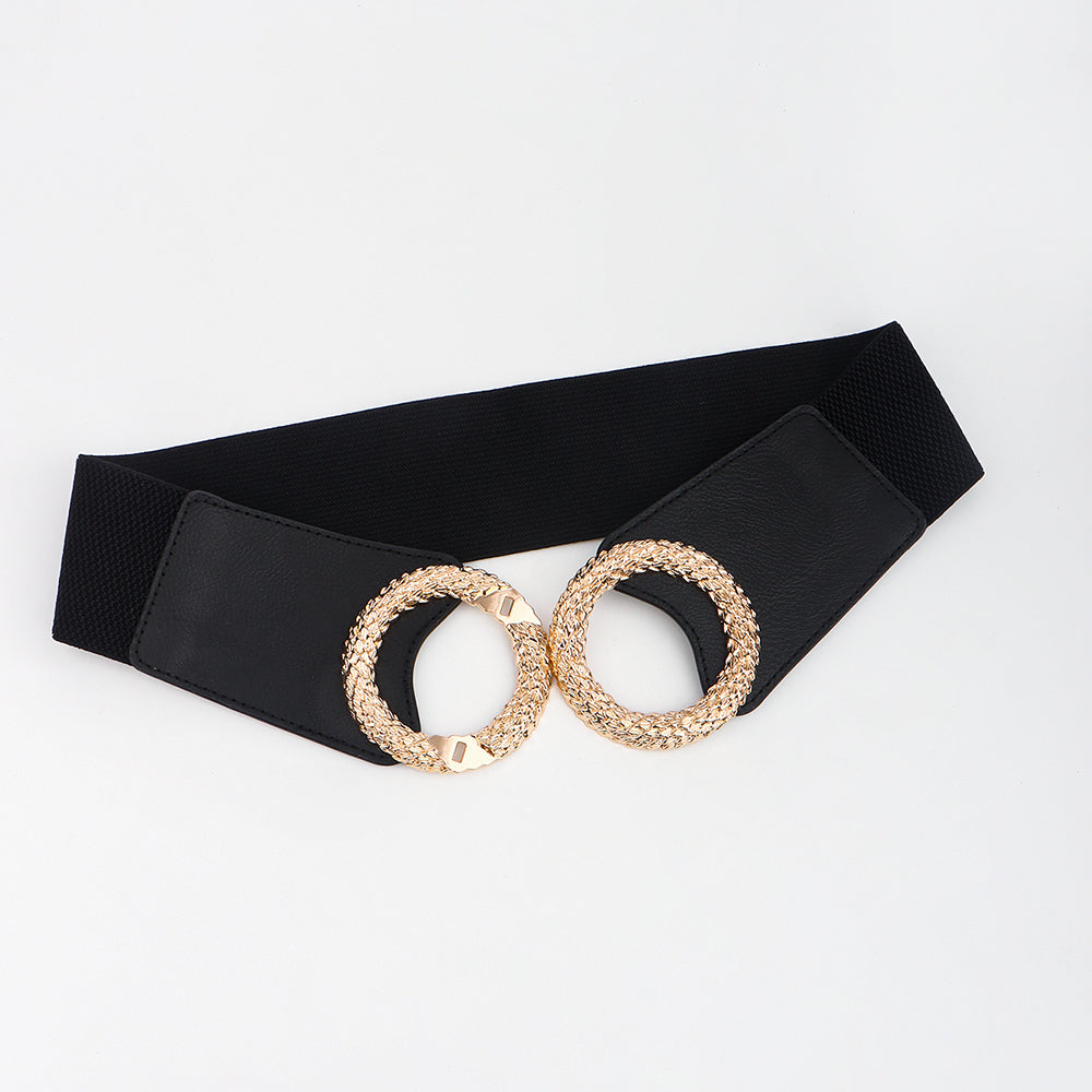 New Black Double Ring Fashion Elastic Belt Gold Metal Buckle Elastic Waist Wide Waist Seal Simple And Versatile