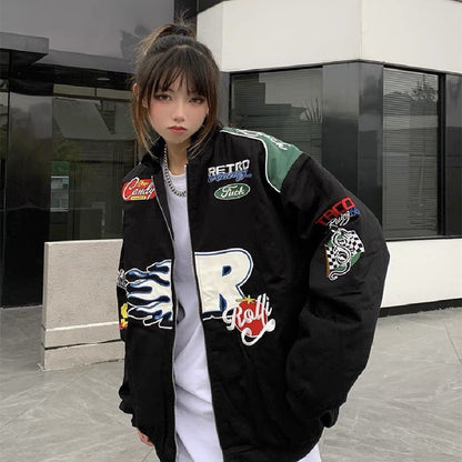Veste de motard flamme avec lettres brodées en patchwork pour hommes