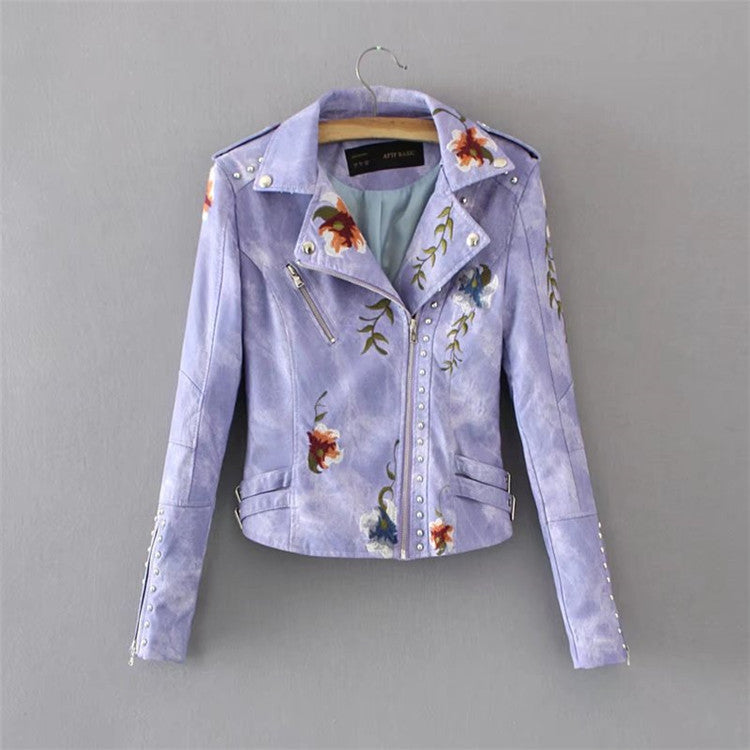 Embroidered Rivet Stitching Coat Motorcycle Jacket Slim Short Leather