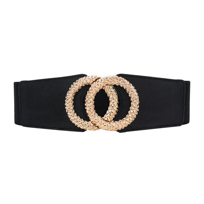 New Black Double Ring Fashion Elastic Belt Gold Metal Buckle Elastic Waist Wide Waist Seal Simple And Versatile