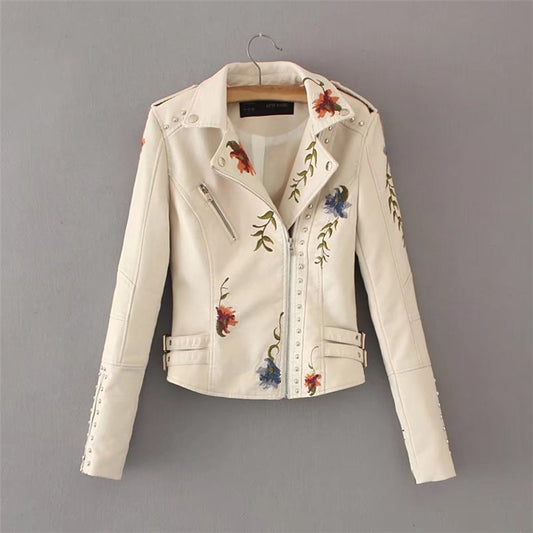 Embroidered Rivet Stitching Coat Motorcycle Jacket Slim Short Leather