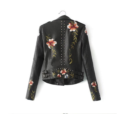 Embroidered Rivet Stitching Coat Motorcycle Jacket Slim Short Leather