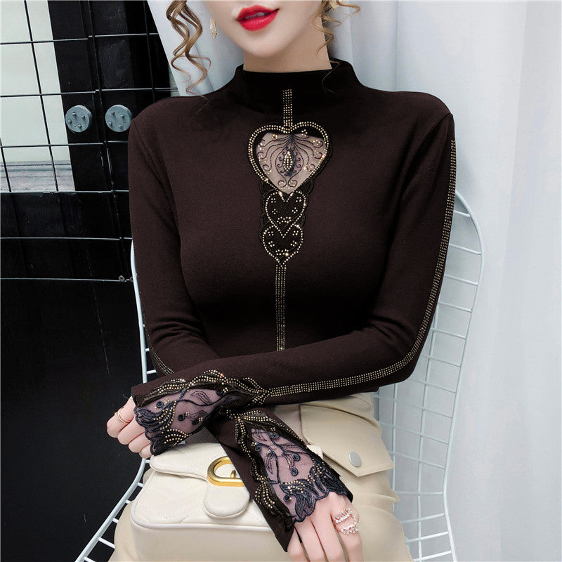 Padded Double-sided Velvet Half High Collar Rhinestone Long Sleeve Slim Base Shirt Jacket T-shirt A Generation Of Hair