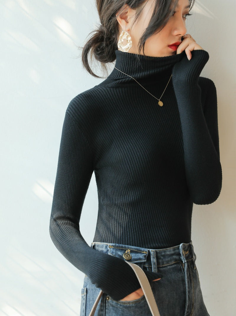 Pile High Collar Base Shirt Women&#039;s Spring Autumn And Winter Interior Western Style Black Long Sleeve Knitted Shirt Women&#039;s Needle