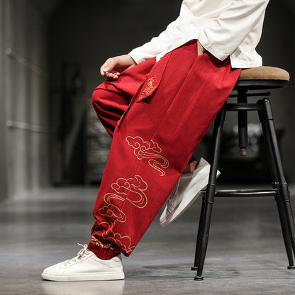 Pantalon de Style chinois pour hommes, pantalon imprimé petits pieds, ample, jambes larges, Bloomer