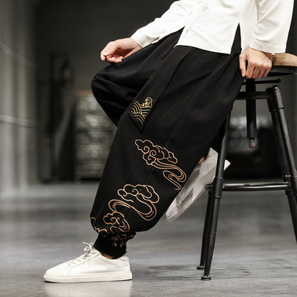 Pantalon de Style chinois pour hommes, pantalon imprimé petits pieds, ample, jambes larges, Bloomer