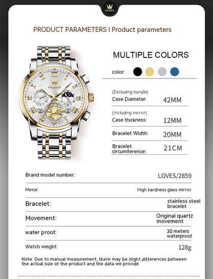 Montre à quartz étanche multifonctionnelle lumineuse non mécanique pour hommes