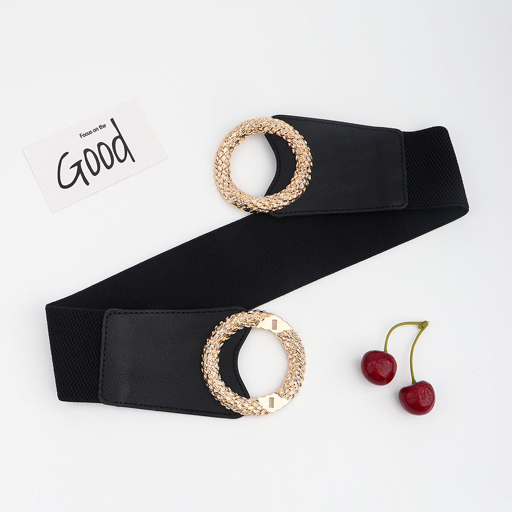 New Black Double Ring Fashion Elastic Belt Gold Metal Buckle Elastic Waist Wide Waist Seal Simple And Versatile