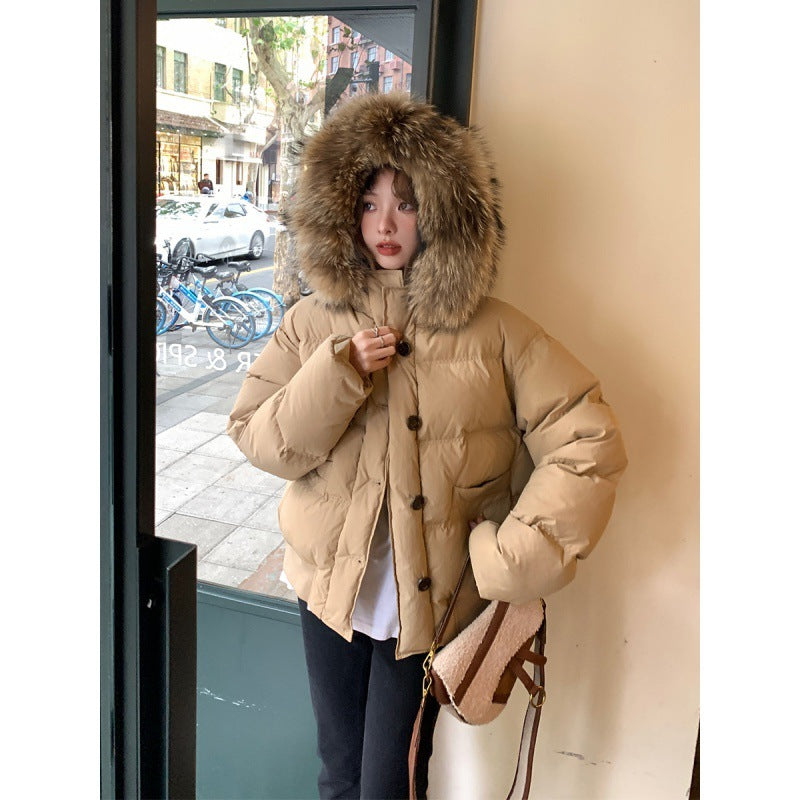 Milk Tea Color Big Fur Collar Short Down Jacket Women