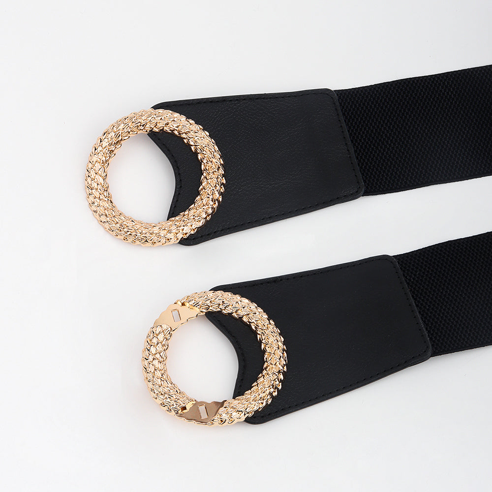 New Black Double Ring Fashion Elastic Belt Gold Metal Buckle Elastic Waist Wide Waist Seal Simple And Versatile