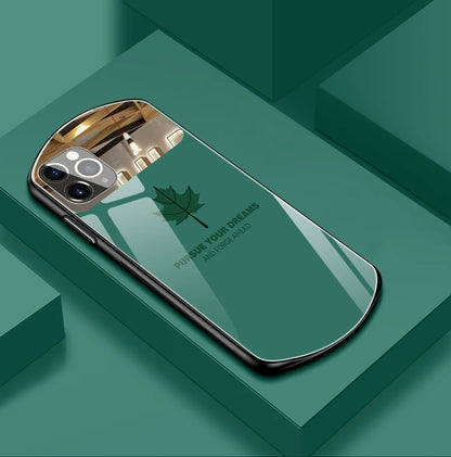 Luxury Cute Oval Maple Leaf Tempered Glass Phone Case For iPhone 16 15 14 13 12 11 Pro Max XS XR 8 7 Plus Mirror Silicone Cover