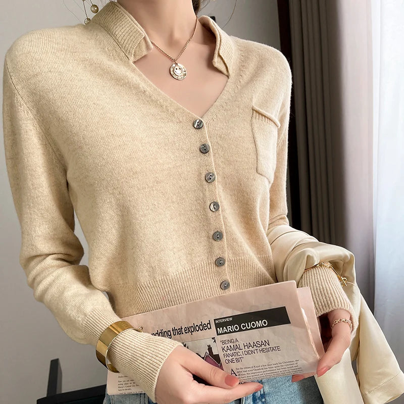 LHZSYY Fall 2024 Women's Wool Cardigan Knitted Jacket Women's 100% Pure Wool Slim Short V-neck Bottom Shirt